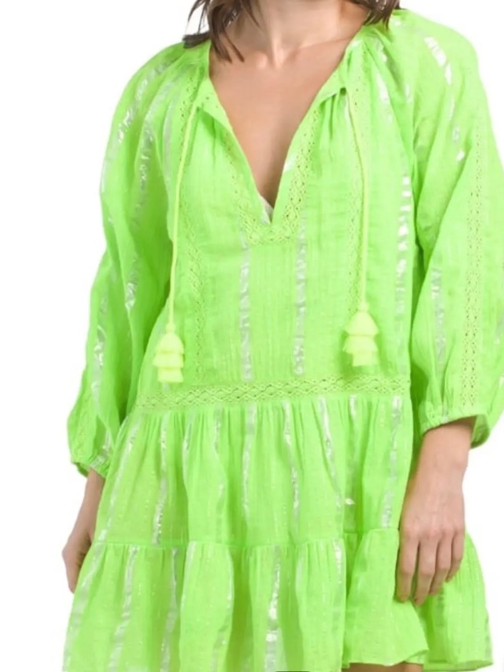 Milly Cabana Valentine Lurex Stripes Dress With Tassels Neon Yellow Sz M/L